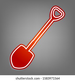 Shovel to work in the garden. Flat red icon with linear white icon with gray shadow at grayish background. Illustration.