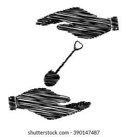 Shovel to work in the garden. Save or protect symbol by hands with scribble effect.