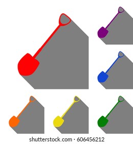 Shovel to work in the garden. Set of red, orange, yellow, green, blue and violet icons at white background with flat shadow.