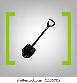 Shovel to work in the garden. Vector. Black scribble icon in citron brackets on grayish background.