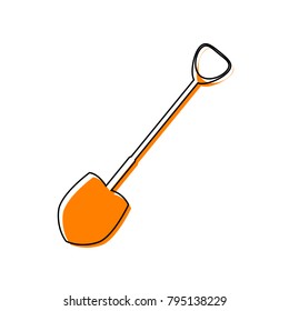 Shovel to work in the garden. Vector. Black line icon with shifted flat orange filled icon on white background. Isolated.