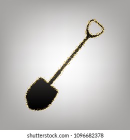 Shovel to work in the garden. Vector. Blackish icon with golden stars at grayish background.