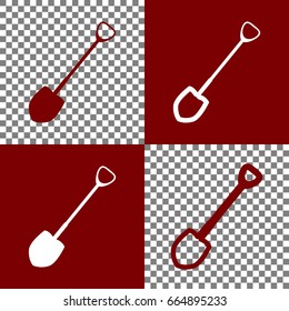 Shovel to work in the garden. Vector. Bordo and white icons and line icons on chess board with transparent background.