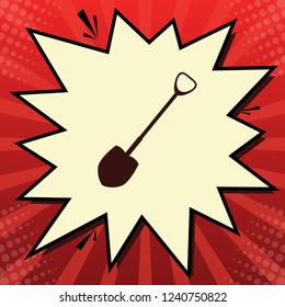 Shovel to work in the garden. Vector. Dark red icon in lemon chiffon shutter bubble at red popart background with rays.
