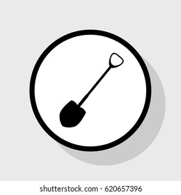 Shovel to work in the garden. Vector. Flat black icon in white circle with shadow at gray background.
