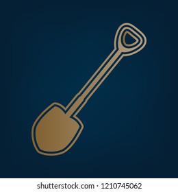 Shovel to work in the garden. Vector. Golden icon and border at dark cyan background.