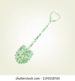 Shovel to work in the garden. Vector. Green hexagon rastered icon and noised opacity and size at light green background with central light.