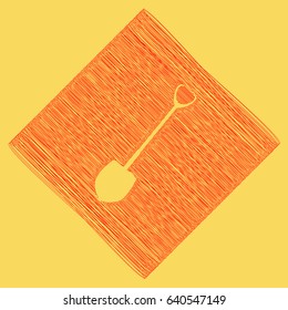 Shovel to work in the garden. Vector. Red scribble icon obtained as a result of subtraction rhomb and path. Royal yellow background.