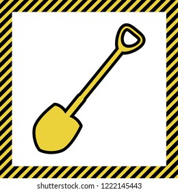 Shovel to work in the garden. Vector. Warm yellow icon with black contour in frame named as under construction at white background. Isolated.