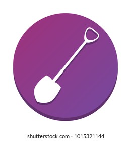 Shovel to work in the garden. Vector. White icon with flat shadow on purpureus circle at white background. Isolated.