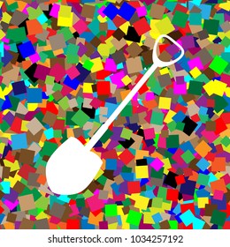 Shovel to work in the garden. Vector. White icon on colorful background with seamless pattern from squares.