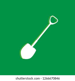 Shovel to work in the garden. Vector. White flat icon with yellow striped shadow at green background.