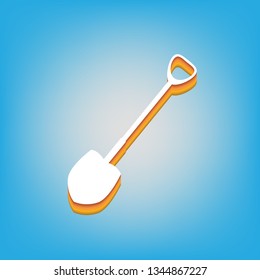 Shovel to work in the garden. Vector. White icon with 3d warm-colored gradient body at sky blue background.