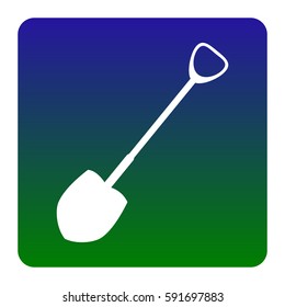 Shovel to work in the garden. Vector. White icon at green-blue gradient square with rounded corners on white background. Isolated.