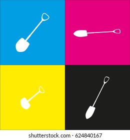 Shovel to work in the garden. Vector. White icon with isometric projections on cyan, magenta, yellow and black backgrounds.