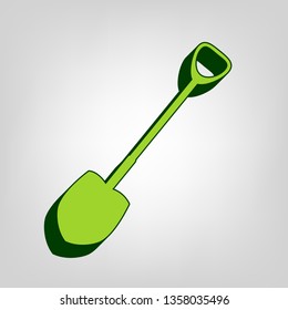 Shovel to work in the garden. Vector. Yellow green solid icon with dark green external body at light colored background.