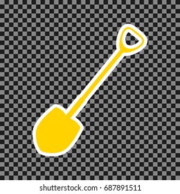Shovel to work in the garden. Vector. Yellow icon with white contour on dark transparent background.