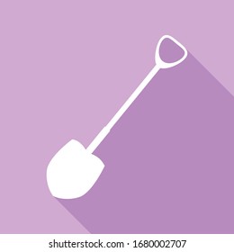 Shovel to work in the garden. White Icon with long shadow at purple background. Illustration.