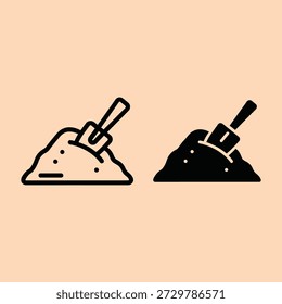 Palas que cavan en el suelo y las pilas de la suciedad estilo de icono minimalista colores negros y beige aislados construcción de fondo o concepto de jardinería