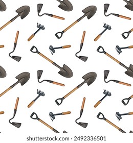 Shovels, hoes and rakes. Seamless pattern of farm tools. Vector illustration.