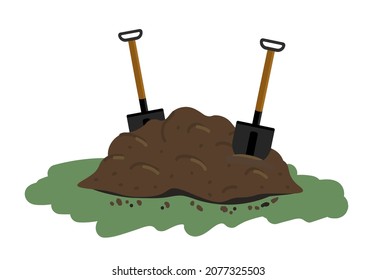 Shovels in a pile of ground. Heap of substrate, humus, fertilizer, compost. Hill of earth or dirt. Bunch of manure. Zero waste. Stock vector. Pile of ground. Vector illustration in flat style