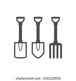 Shovels and pitchfork black vector icon, garden tool, equipment and accessory. Isolated single illustration.