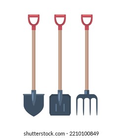 Shovels and rakes. Tools and instruments for cleaning leaves in garden, outdoor work. Graphic element for website, poster or banner. Private house inventory. Cartoon flat vector illustration