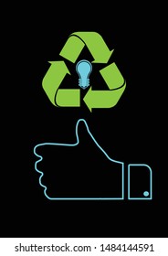 Show abstract concept Good idea. Design icon bulb light blue Energy saving with hand thumb up flat.  isolated on black background. Vector illustration symbol