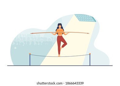 Show actress balancing on rope. Audience, acrobat, yogi flat vector illustration. Danger, risk, challenge concept for banner, website design or landing web page