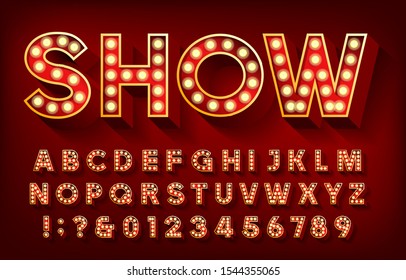 Show Alphabet Font. 3D Letters And Numbers With Light Bulbs And Shadows. Vector Typescript For Your Design.