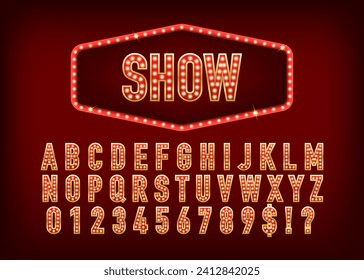 Show alphabetical font. 3D letters and numbers with light bulbs. Retro light sign. Vintage style banner. Broadway show retro glowing font. Vector illustration svg