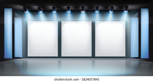 Show in art gallery. Free space for product display or advertising. Large projection screens on the stage. Vector illustration.