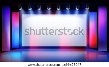 Show in art gallery. Large projection screen on the stage. Free space for advertising. Colorful background. Vector illustration.
