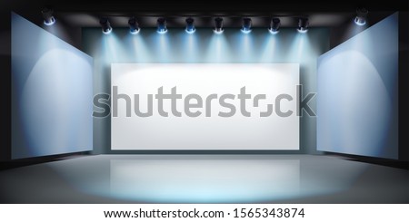 Show in art gallery. Projection screen on stage. Free space for advertising. Vector illustration.