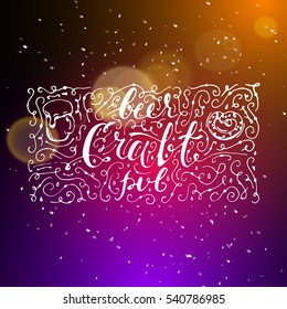 Show background. Beer Craft Pub Brush Script Style Hand lettering. Smoky vector stage interior shining with light from a projector