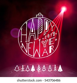 Show background. Happy New Year Holiday Party Brush Script Style Hand lettering. Smoky vector stage interior shining with light from a projector