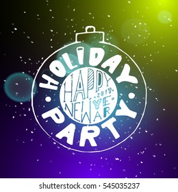 Show background. Happy New Year Holiday Party Brush Script Style Hand lettering. Smoky vector stage interior shining with light from a projector