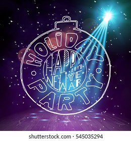 Show background. Happy New Year Holiday Party Brush Script Style Hand lettering. Smoky vector stage interior shining with light from a projector