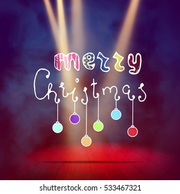 Show background. Merry Christmas Brush Script Style Hand lettering. Smoky vector stage interior shining with light from a projector