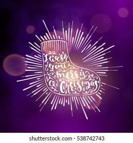 Show background. Merry Christmas Brush Script Style Hand lettering. Smoky vector stage interior shining with light from a projector.