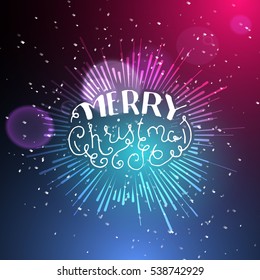 Show background. Merry Christmas Brush Script Style Hand lettering. Smoky vector stage interior shining with light from a projector.