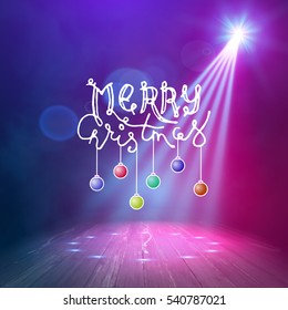 Show background. Merry Christmas Brush Script Style Hand lettering. Smoky vector stage interior shining with light from a projector