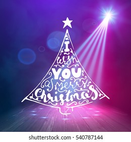 Show background. Merry Christmas Brush Script Style Hand lettering. Smoky vector stage interior shining with light from a projector
