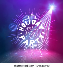 Show background. Merry Christmas Holiday Party Brush Script Style Hand lettering. Smoky vector stage interior shining with light from a projector