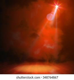 Show background. Smoky vector stage interior shining with light from a projector