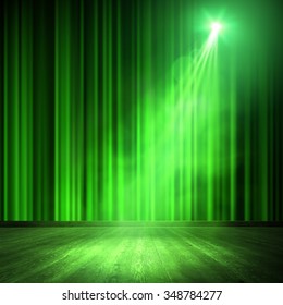Show background. Smoky vector stage interior shining with light from a projector