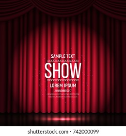 Show banner with curtain illuminated by spotlights. Vector illustration.