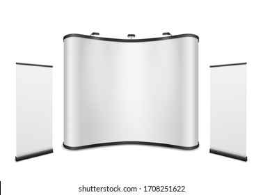 Show booth with roll up banners. Advertisement billboard, empty info stand template. White exhibition promotion presentation vector advertising or marketing space mockup