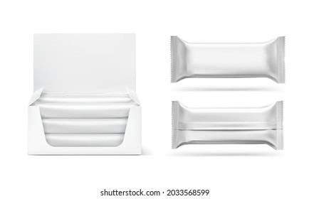 Show box blank mockup with set of  sachet packaging or flow pack in the  food, cosmetic and hygiene. Vector illustration on white background. Ready for your design. EPS10.