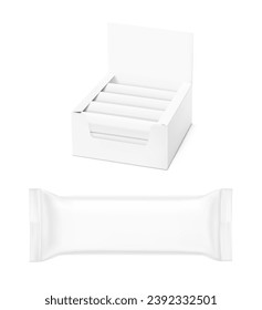 Show box blank mockup with set of  sachet packaging or flow pack in the  food, cosmetic and hygiene. Vector illustration on white background. Ready for your design. EPS10.